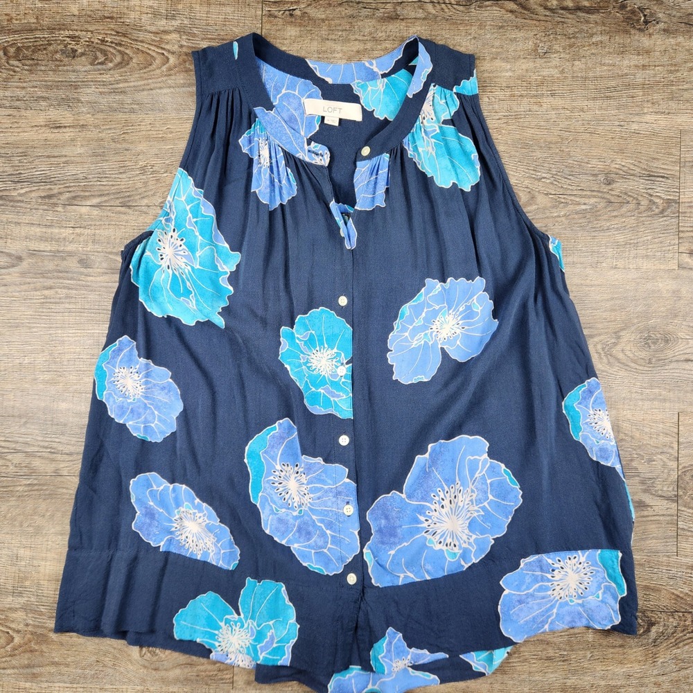 LOFT Navy Blue Floral Sleeveless Rayon Button Down Blouse Top Size Large